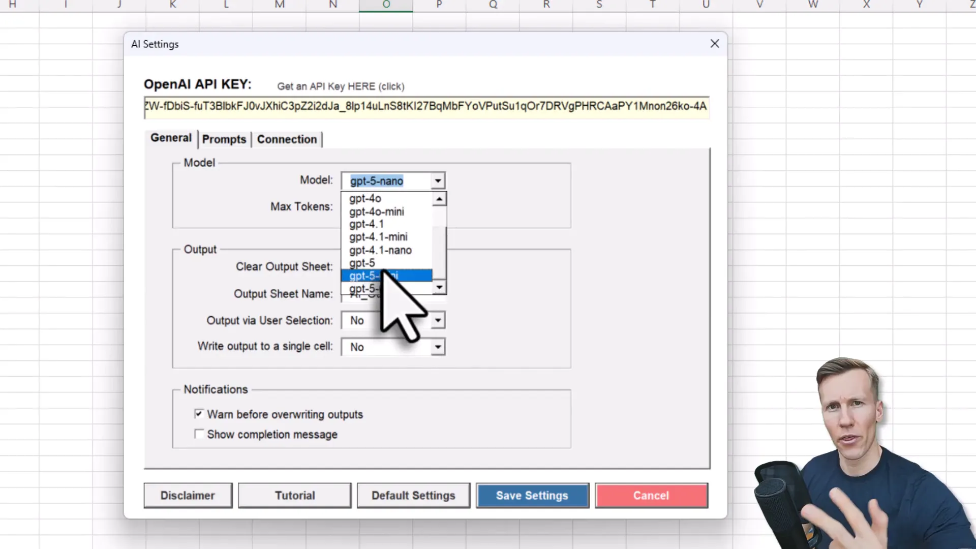 Model selection showing GPT-5, GPT-5 Mini, GPT-5 Nano options