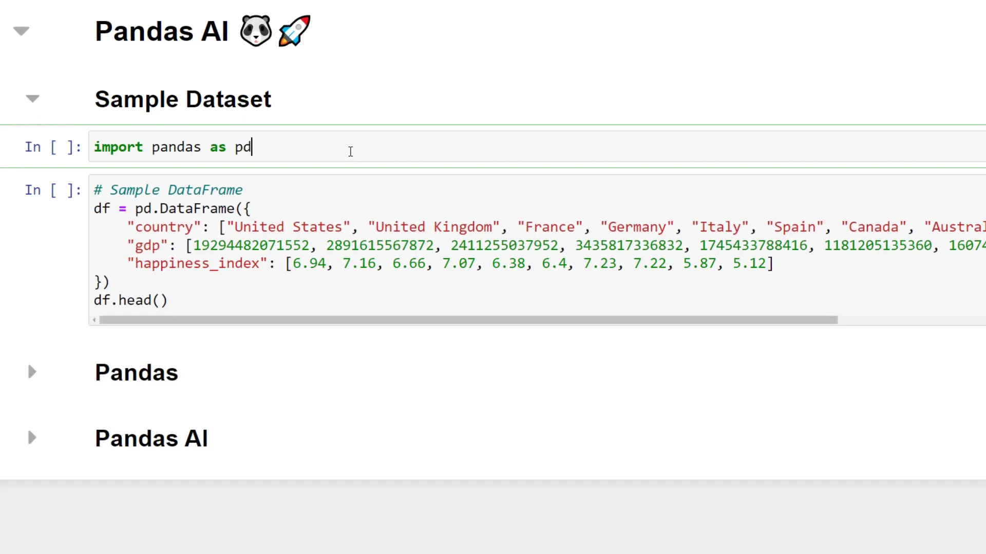 Sample dataset of countries, GDP, and happiness index