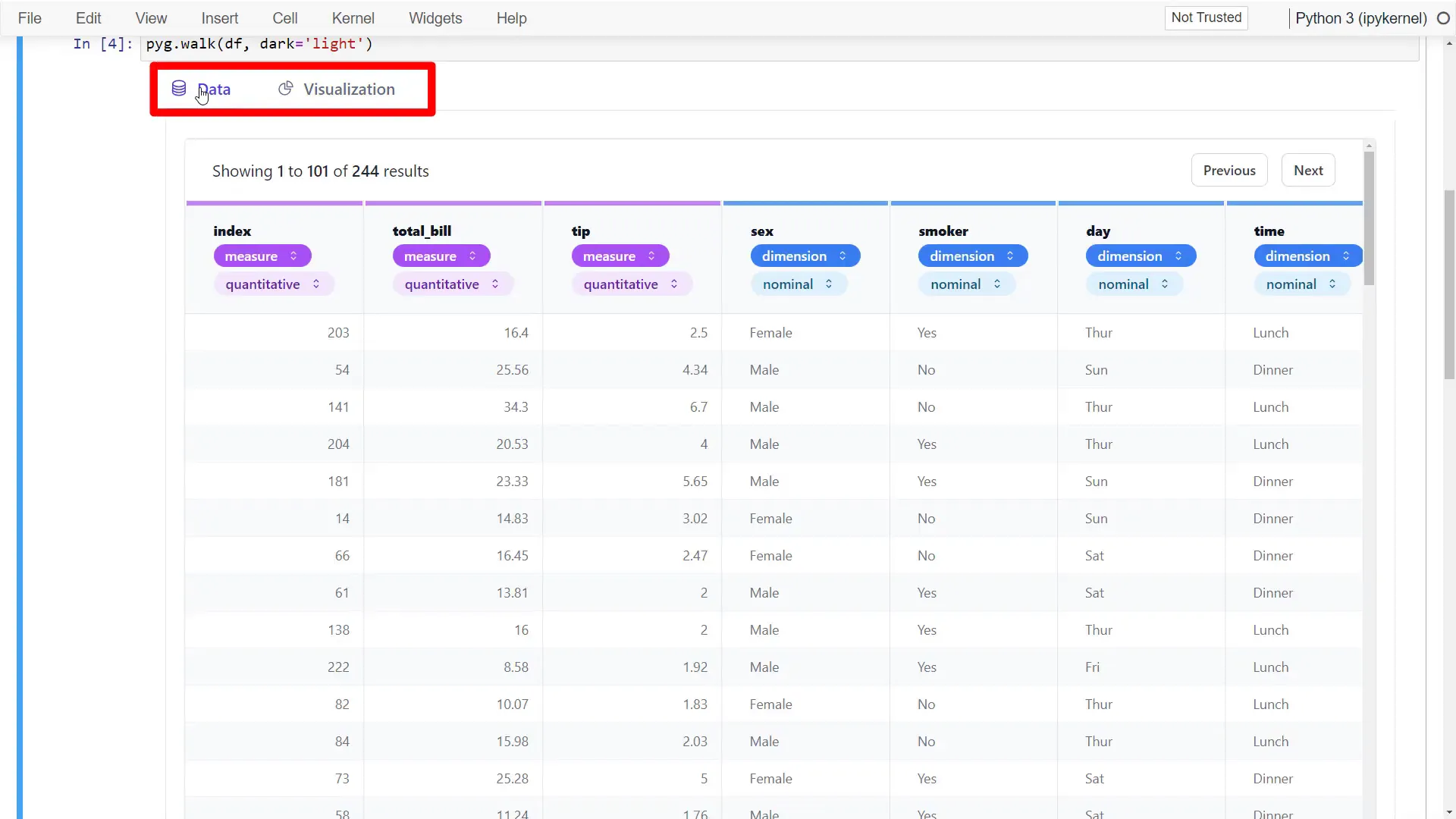 Inspecting dataframe in PyGWalker