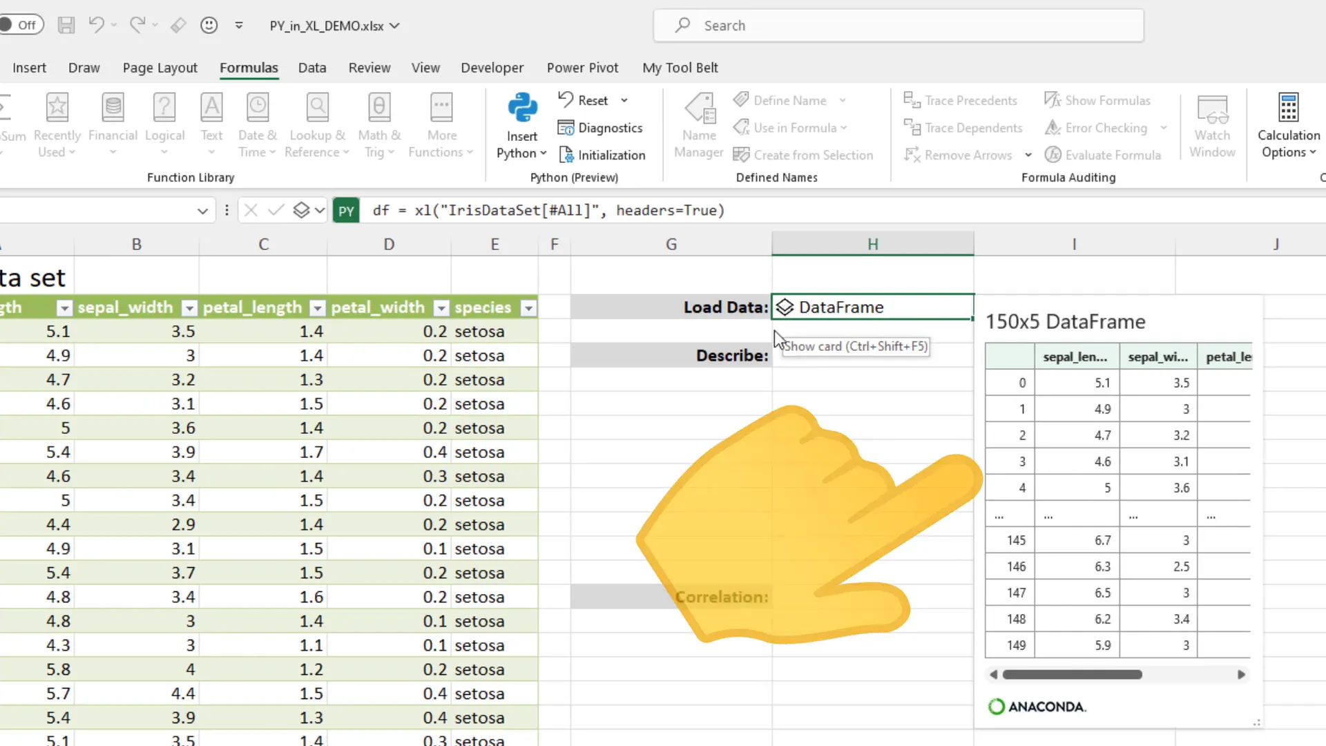 Creating a DataFrame in Excel