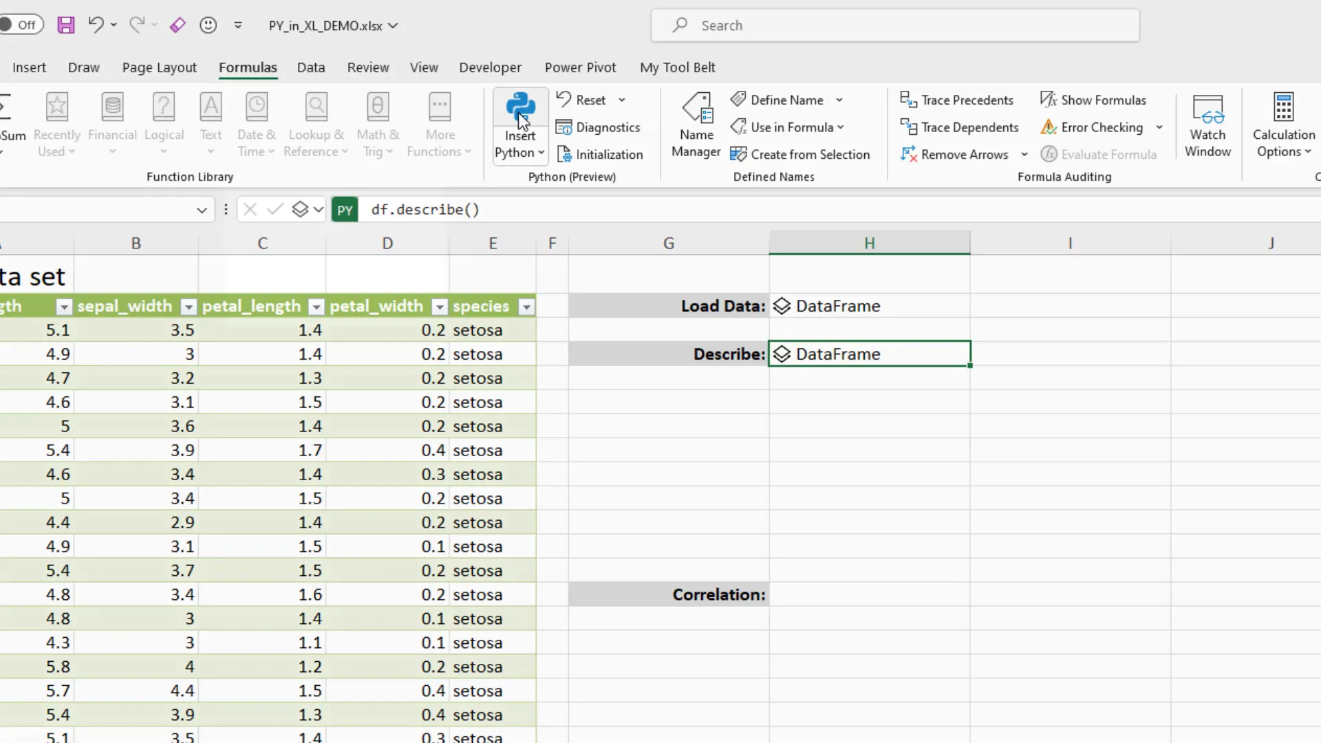 Using describe method on DataFrame