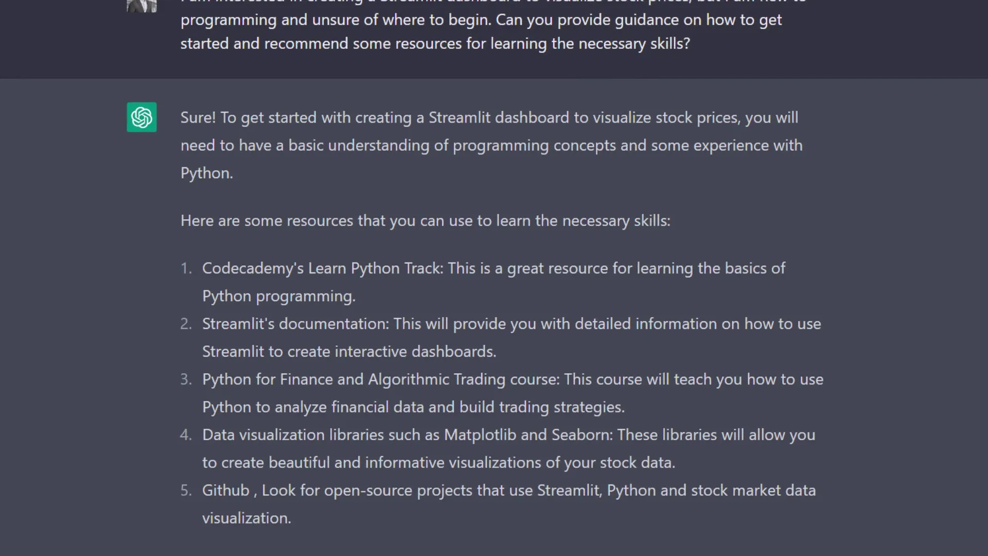 ChatGPT suggesting resources for Streamlit