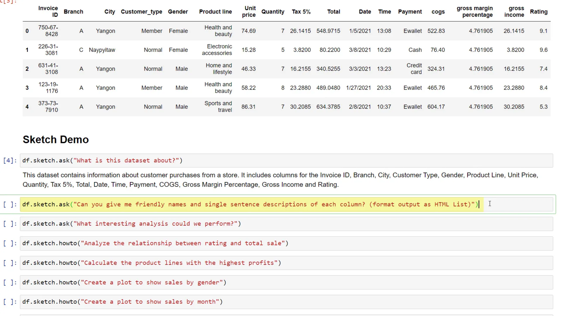 Getting column descriptions