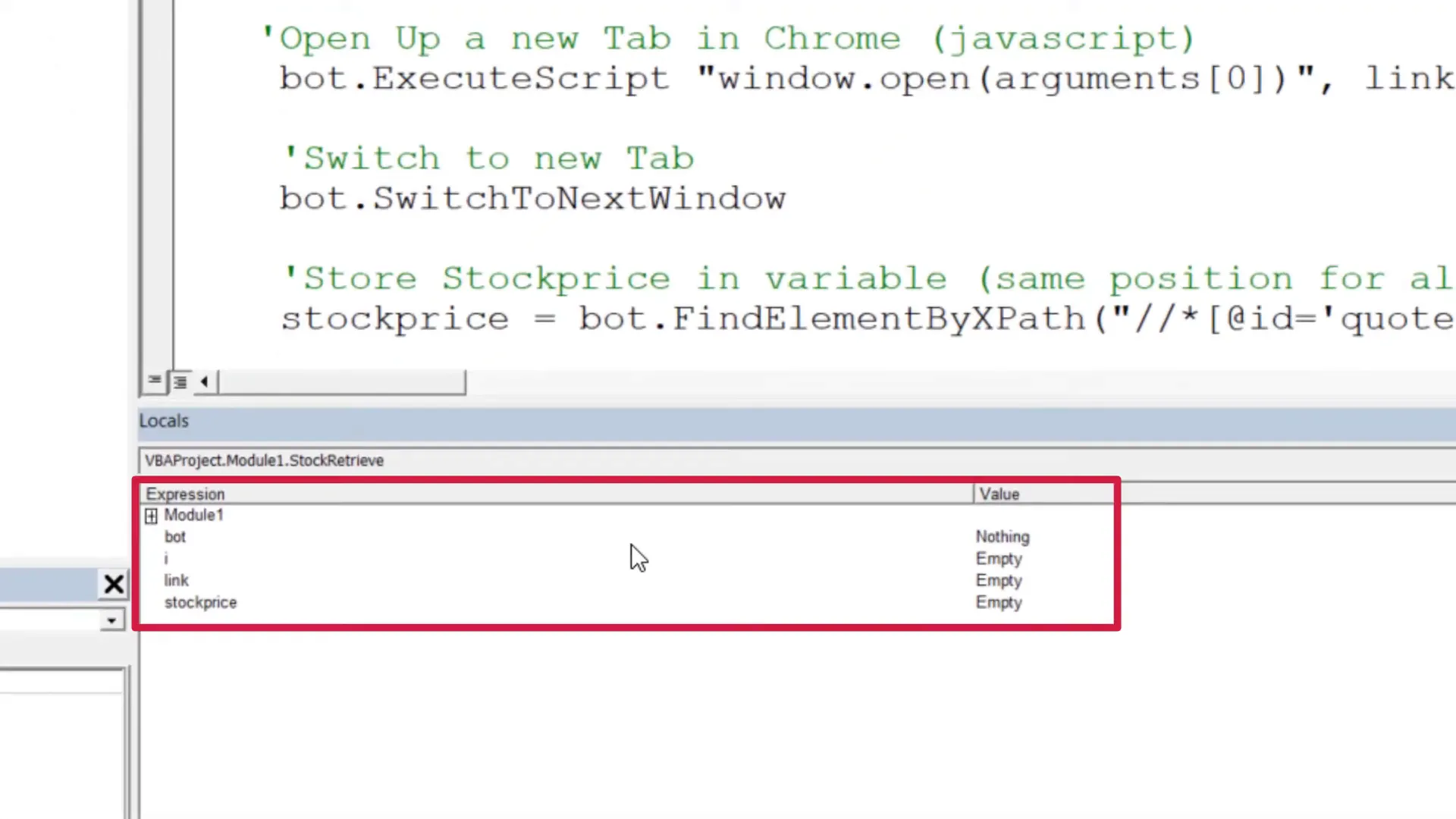 Local Window showing variables