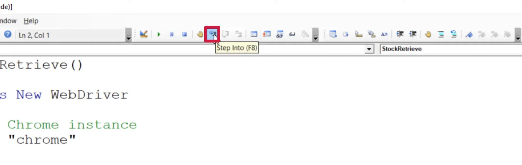 Using Step Into in Debug Toolbar