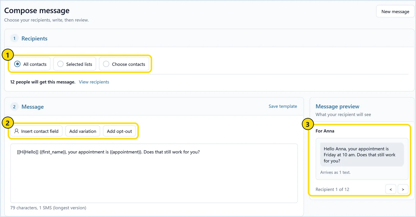 QuickText Compose page with an appointment reminder using first_name and appointment fields and a per-recipient preview