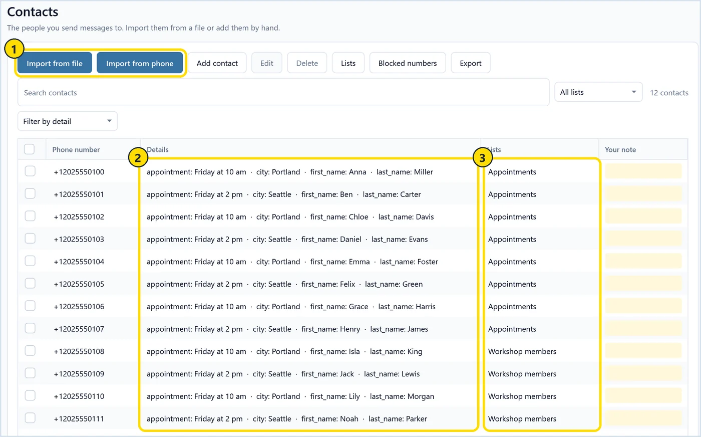 QuickText Contacts page with Import from file button, appointment and first_name details, and an Appointments list