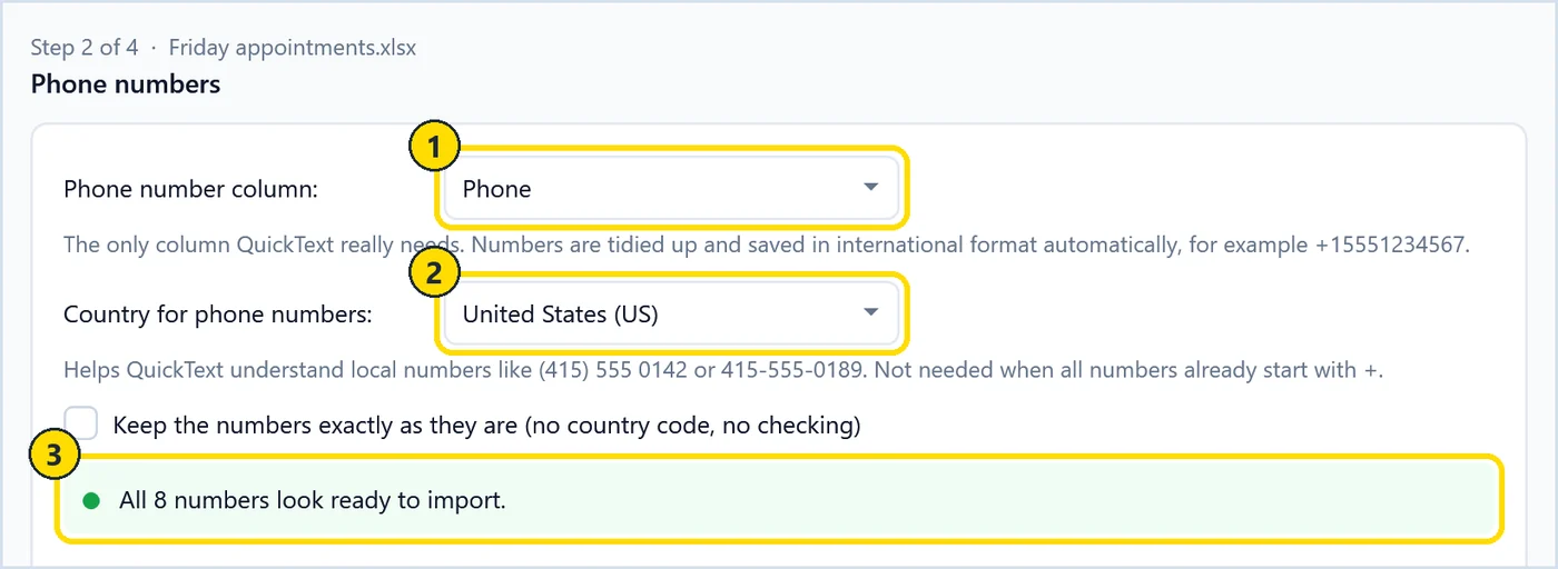 QuickText import wizard step 2 with the phone number column, the country for local numbers and all 8 numbers ready to import