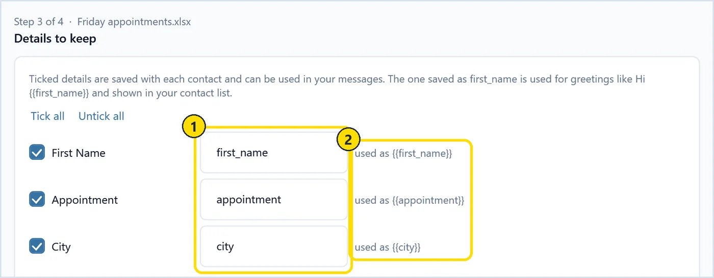 QuickText import wizard keeping First Name, Appointment and City columns as placeholders for reminder texts