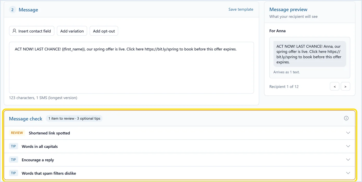 QuickText message check flagging a shortened link, words in all capitals and spam words in a draft text