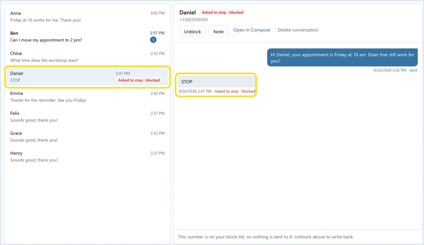 QuickText showing Daniel's STOP reply marked as asked to stop and blocked
