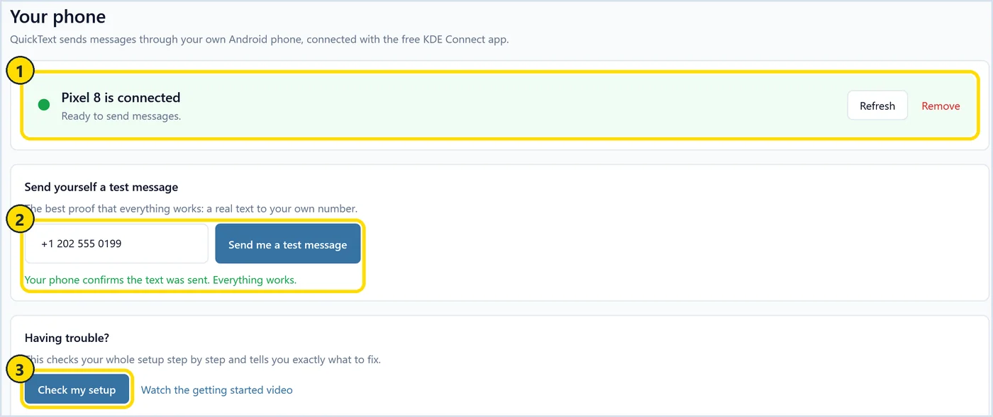 QuickText Your phone page showing Pixel 8 connected, a successful test message and the Check my setup button
