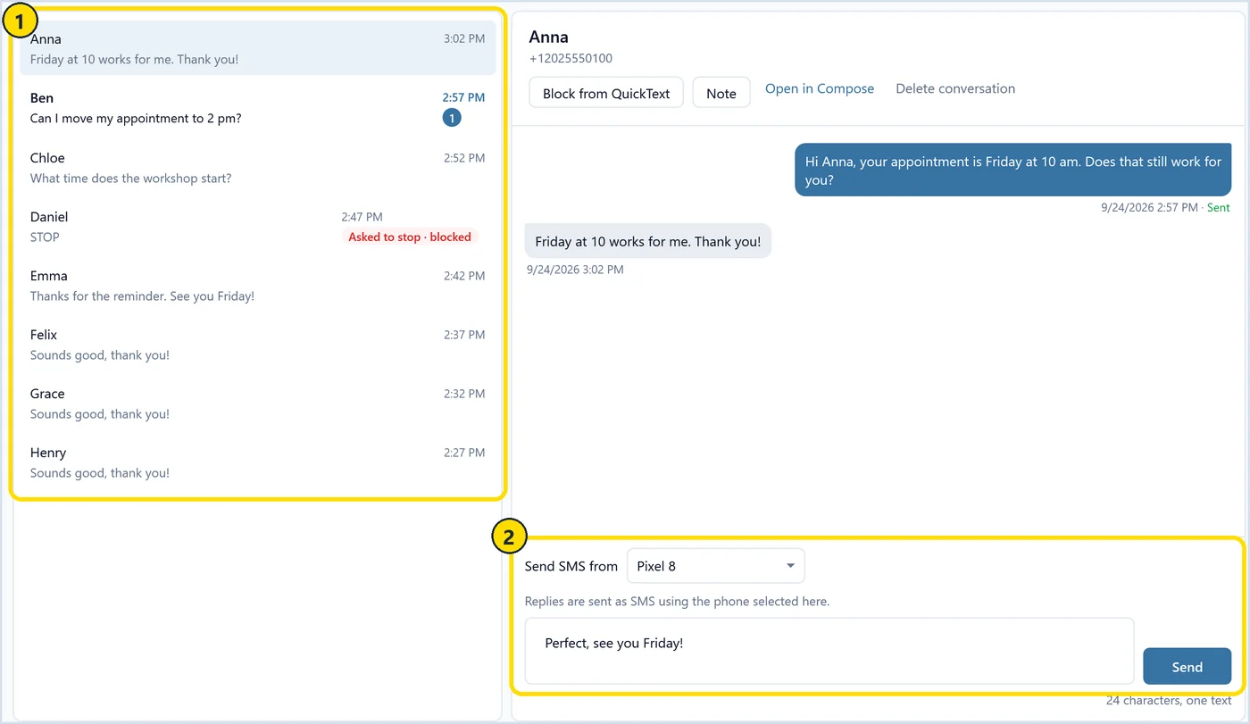 QuickText Messages page with reminder replies, a reschedule request and a STOP reply marked as blocked