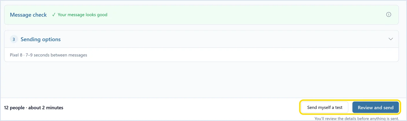 QuickText bottom bar showing 12 people, about 2 minutes, with Send myself a test and Review and send buttons