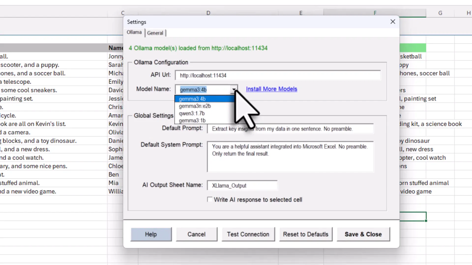 XLlama settings showing installed models like Jamma 3 4B