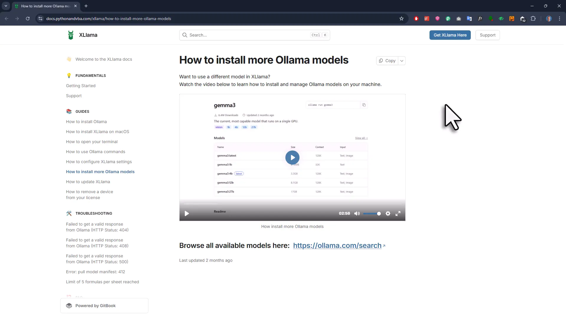XLlama documentation and model install guidance accessible from settings