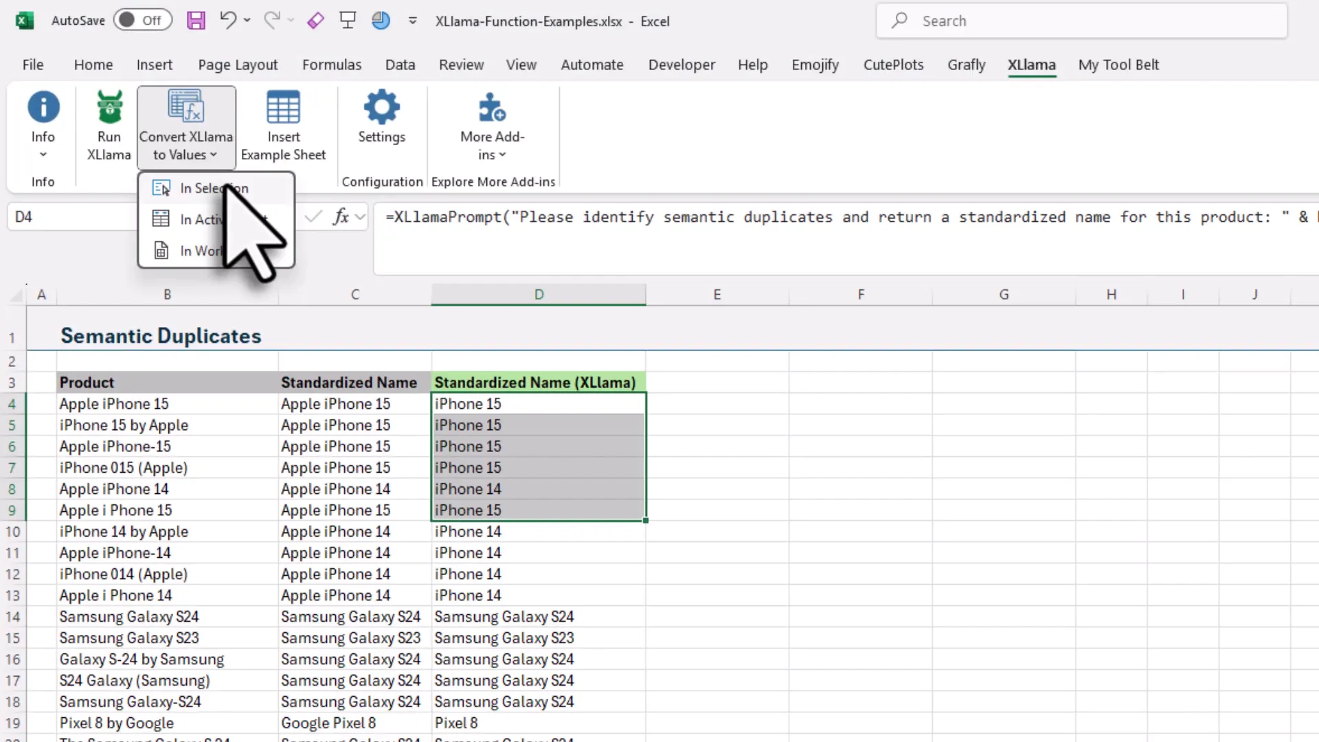 Options to convert XLlama formulas into values for selected range, sheet, or workbook