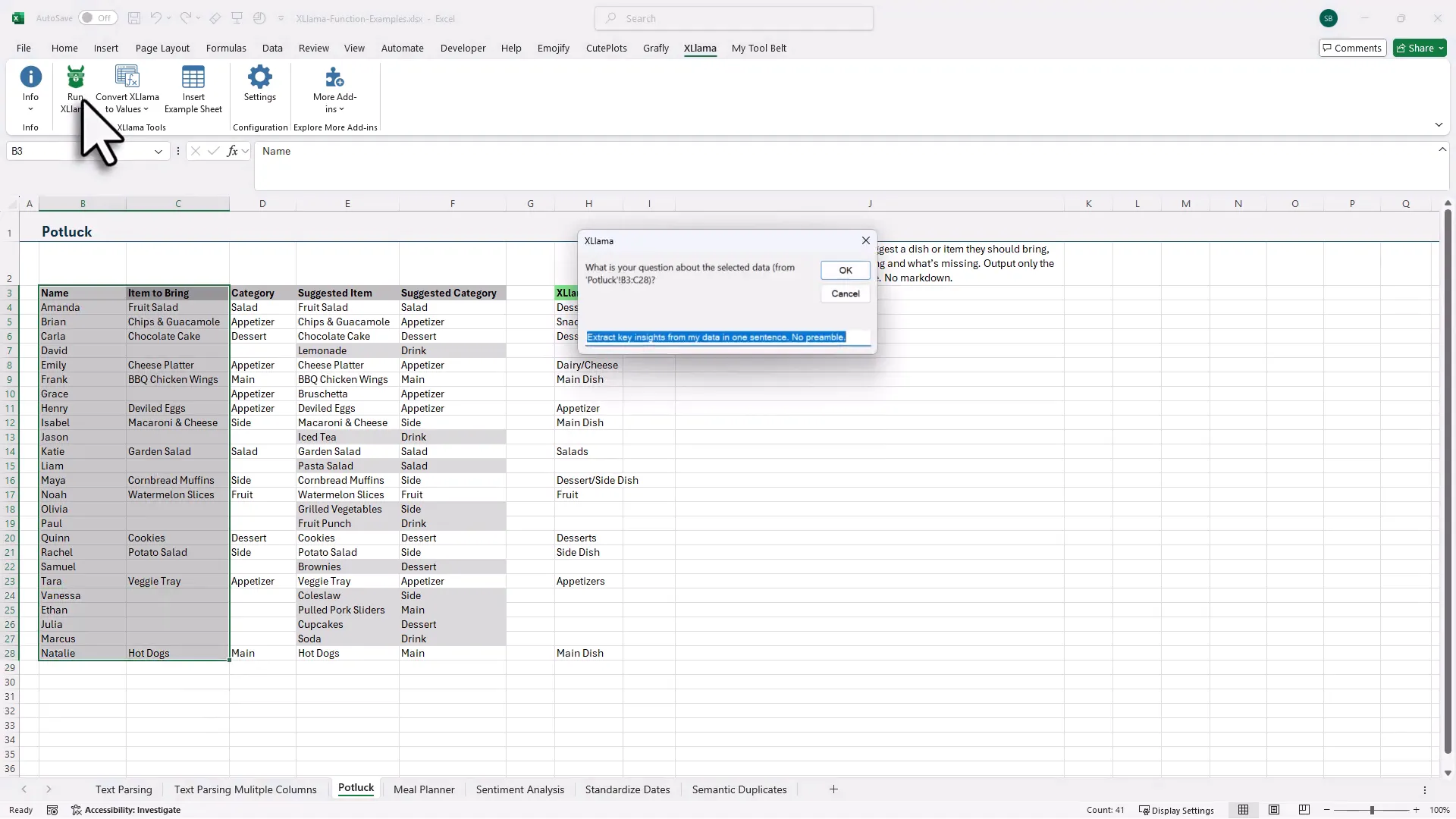 Selecting a table and pressing the Run XLlama button to run an analysis on the range