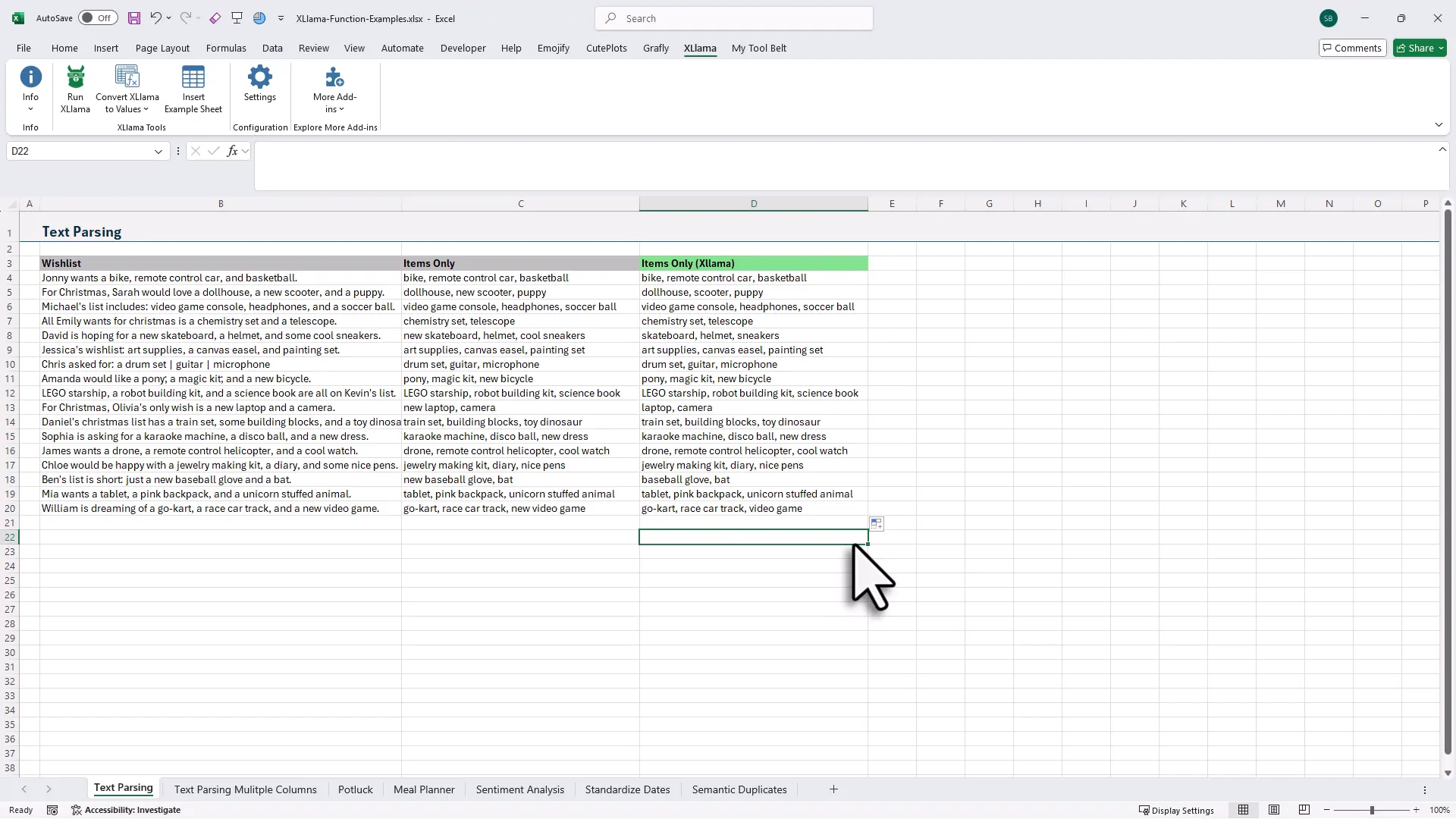 XLlama prompt formula returning parsed comma-separated items comparable to Copilot