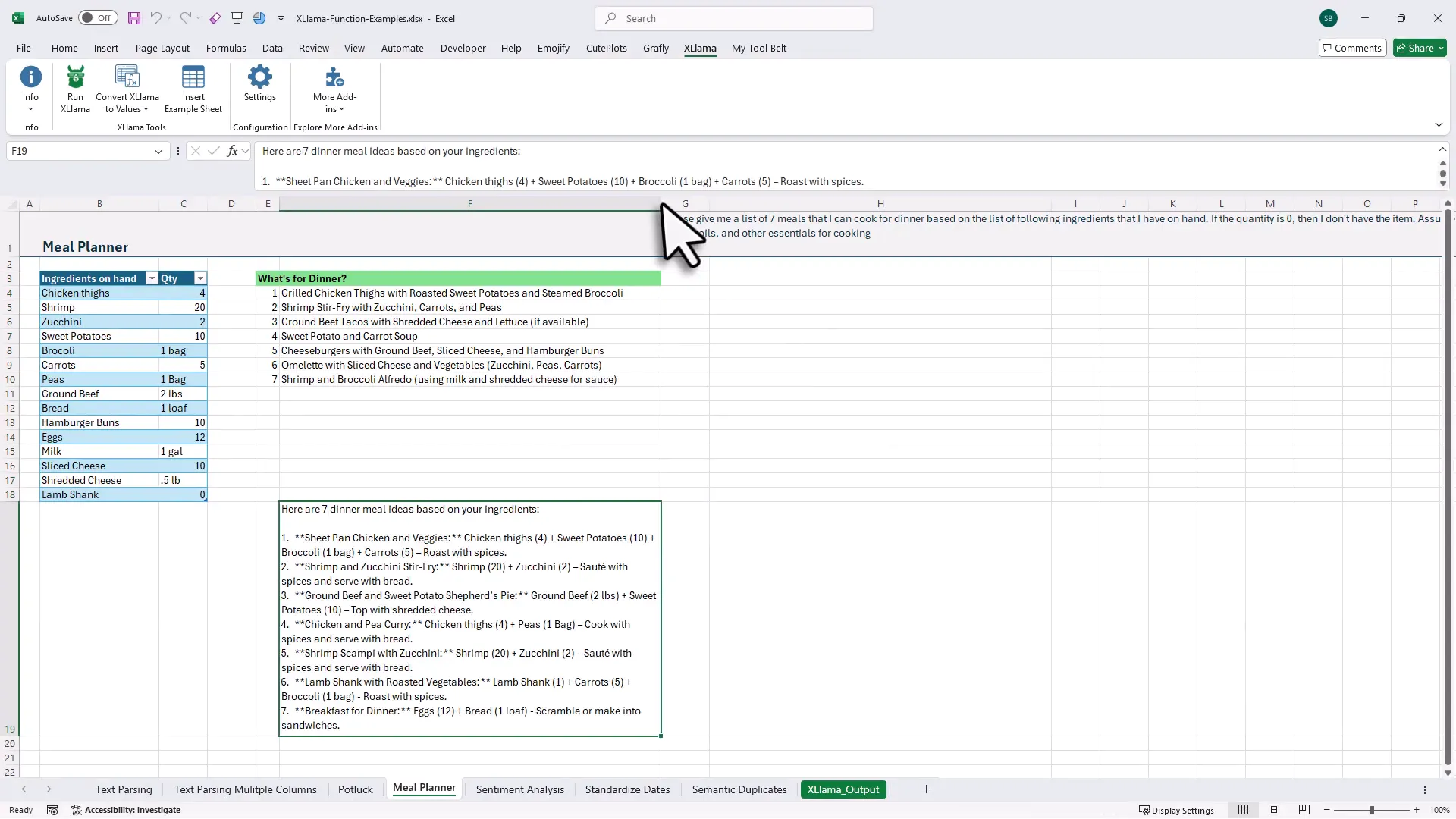 Meal suggestions generated by XLlama returned into chosen output cell