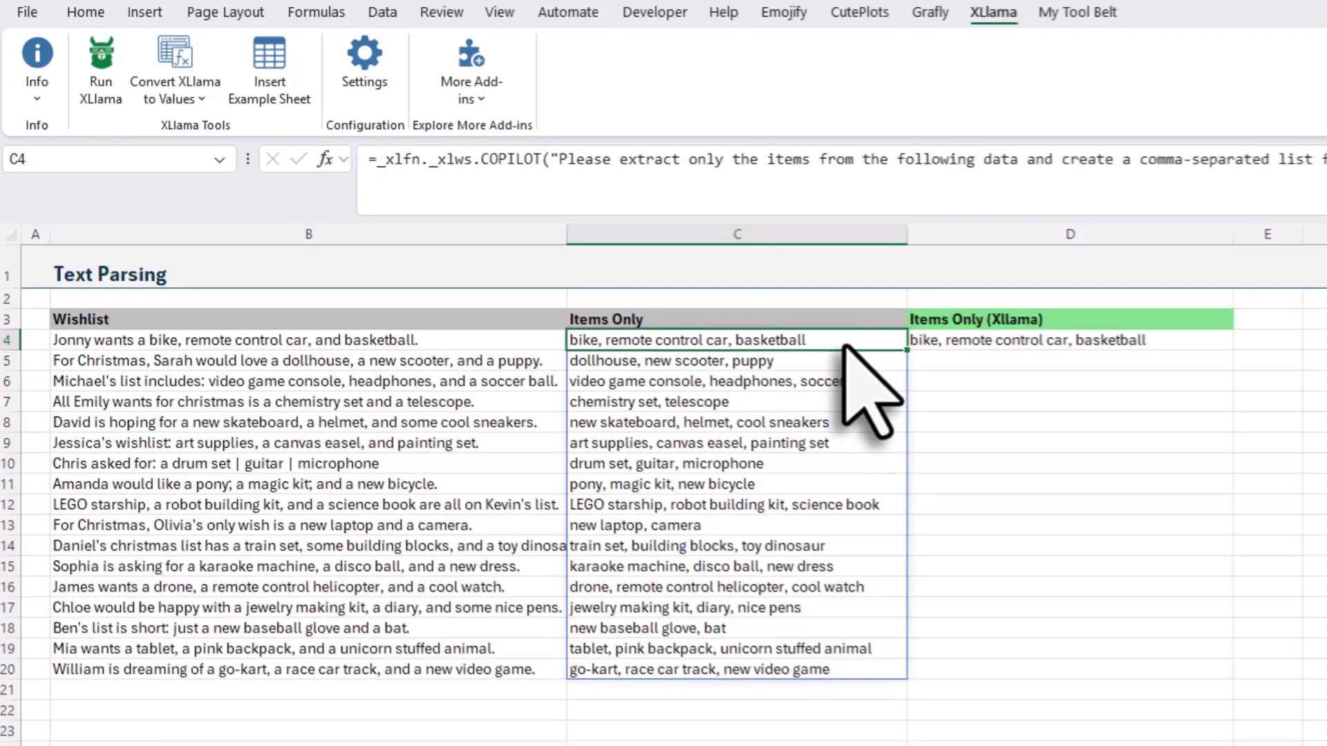 Example workbook with original Copilot formula and input text side by side