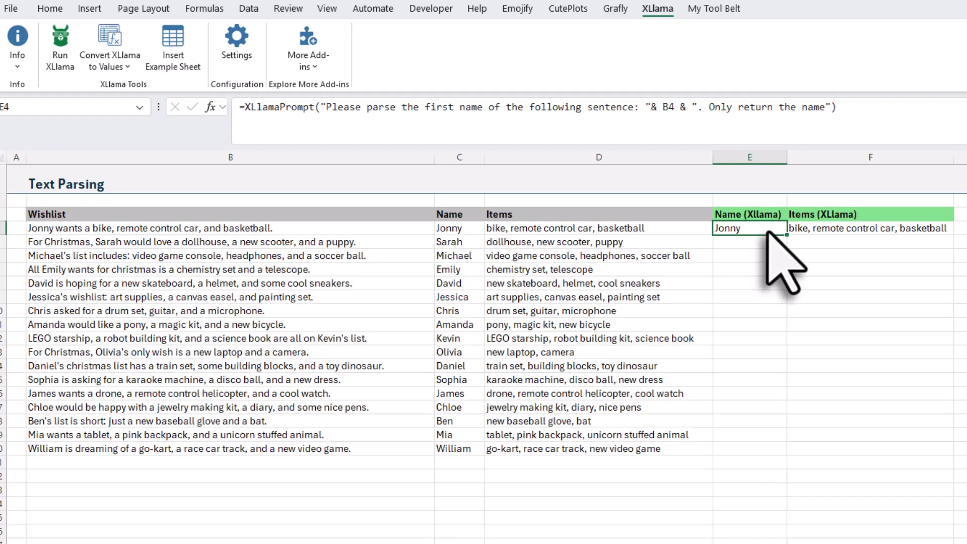 Splitting parsed result into multiple columns using XLlama and Excel formulas