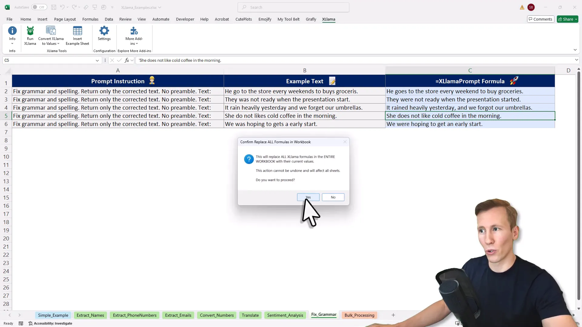 Converting XLlama formulas to static values in Excel
