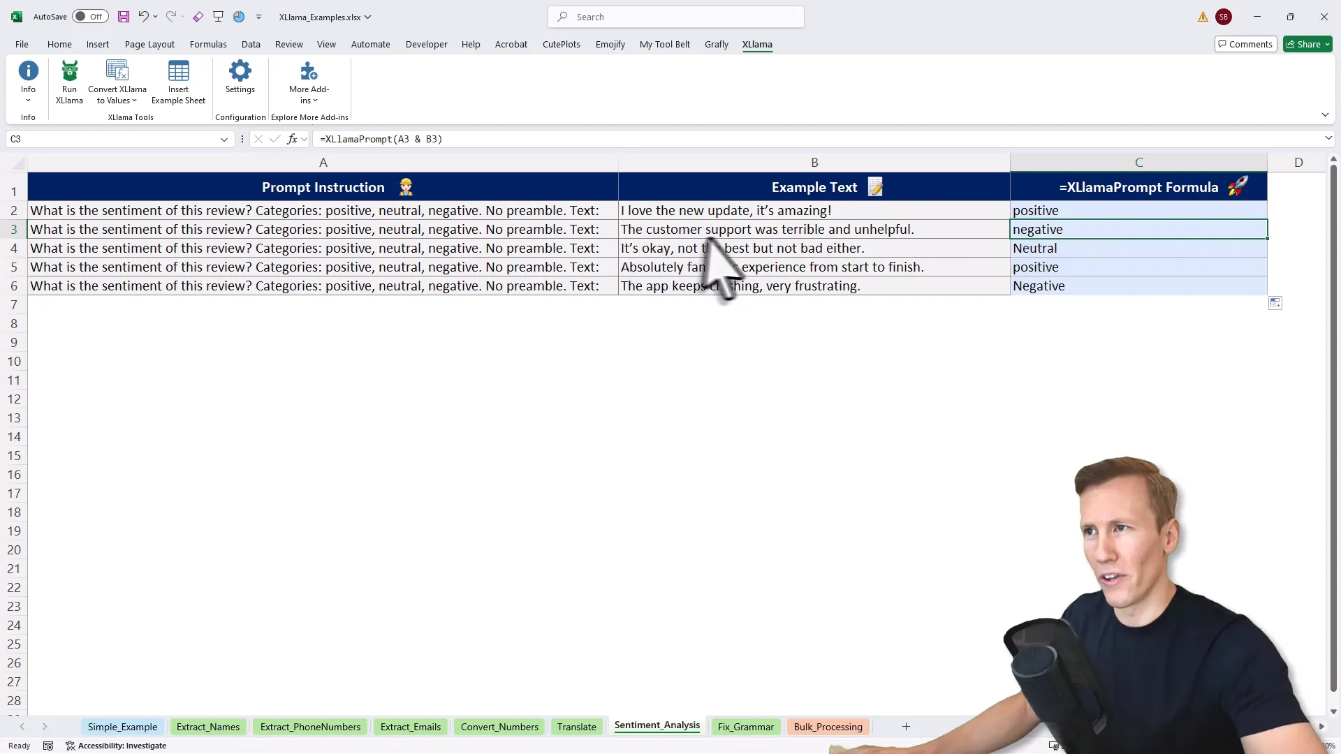 Sentiment analysis results in Excel cells