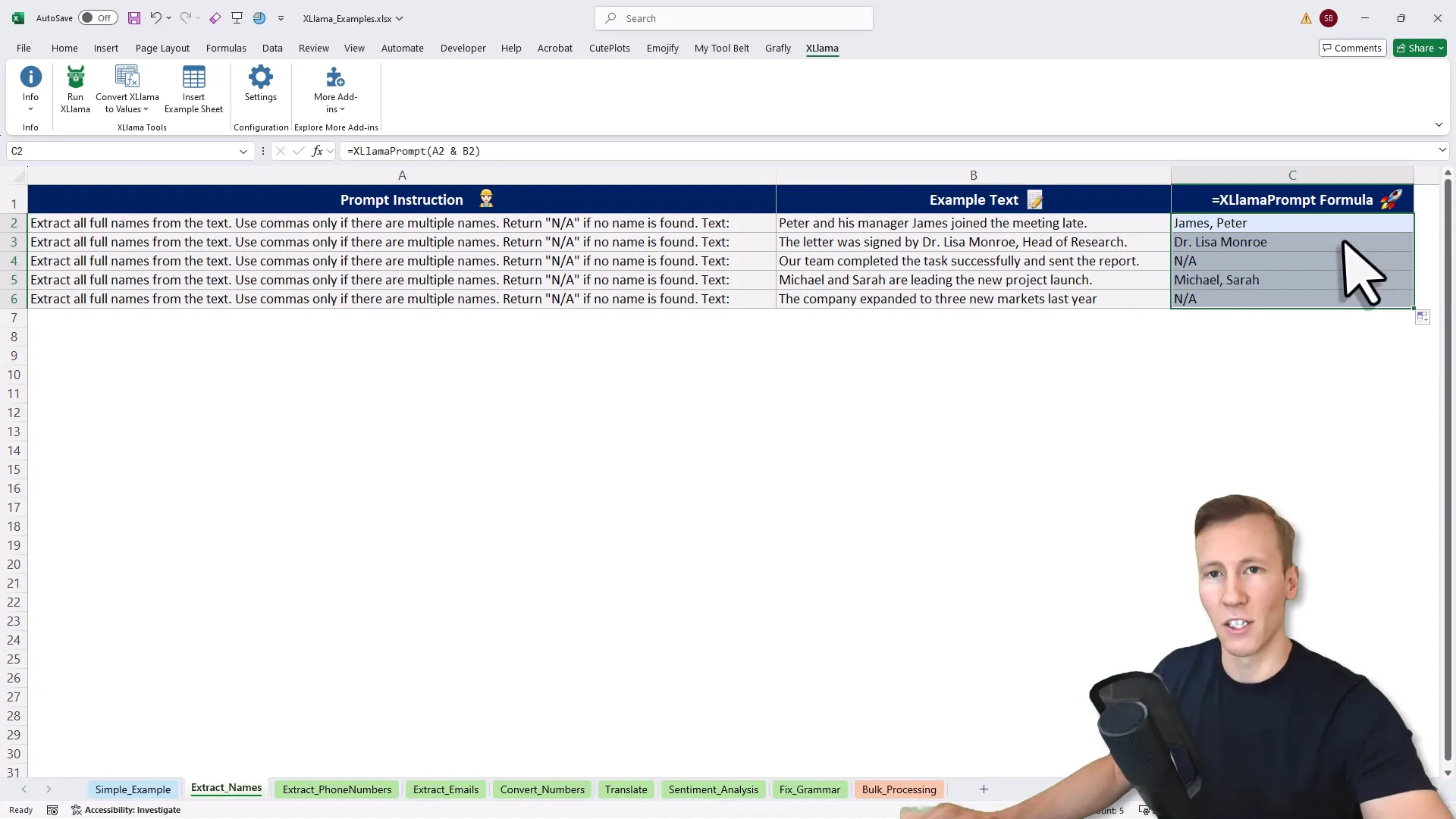 Extracting names from text using XLlama formula in Excel