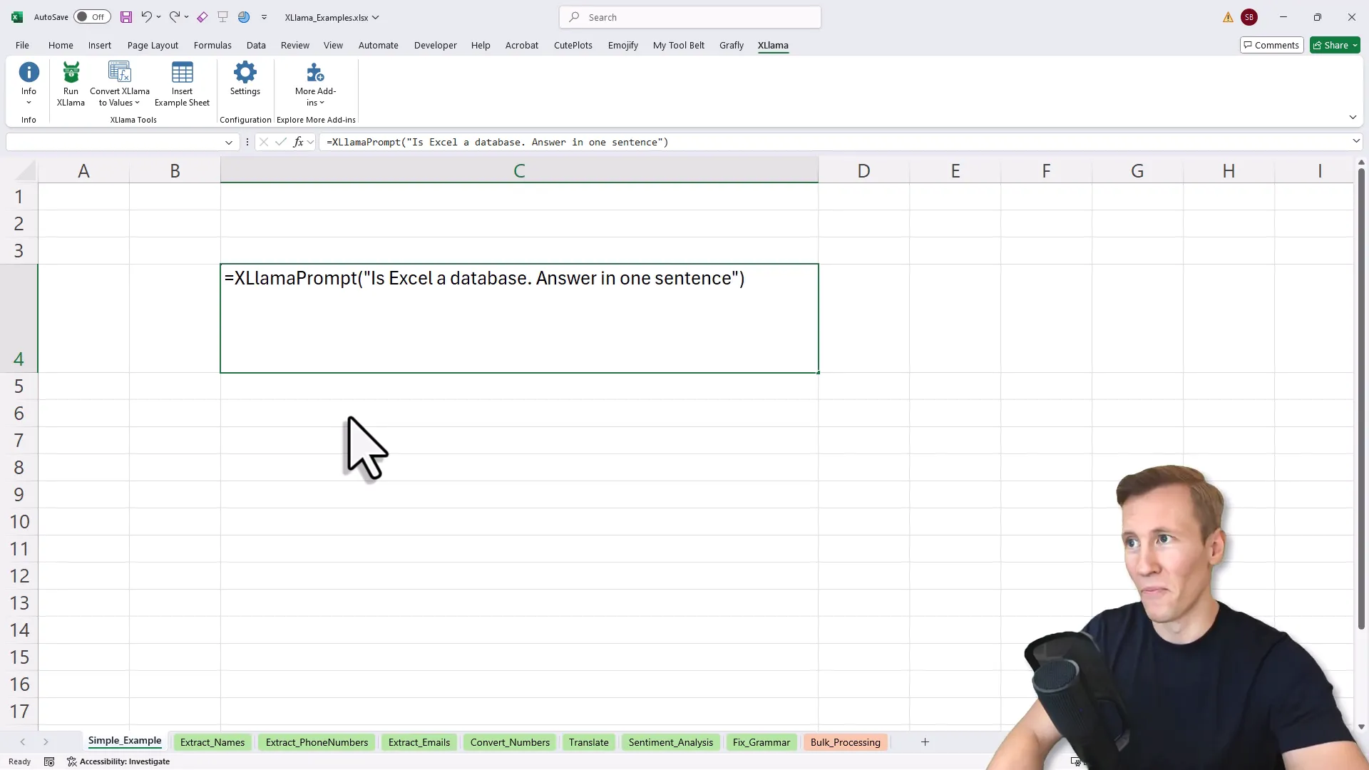 Excel cell showing AI response to 'Is Excel a database?'