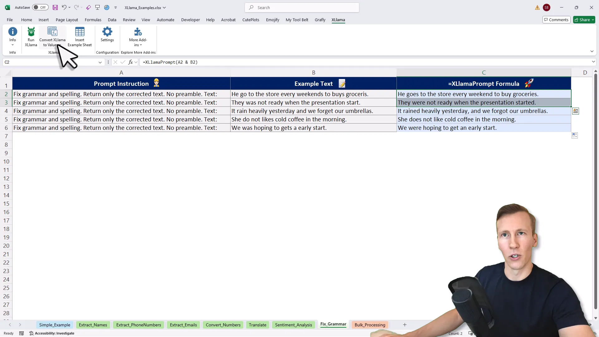 Grammar and spelling corrections done by XLlama in Excel