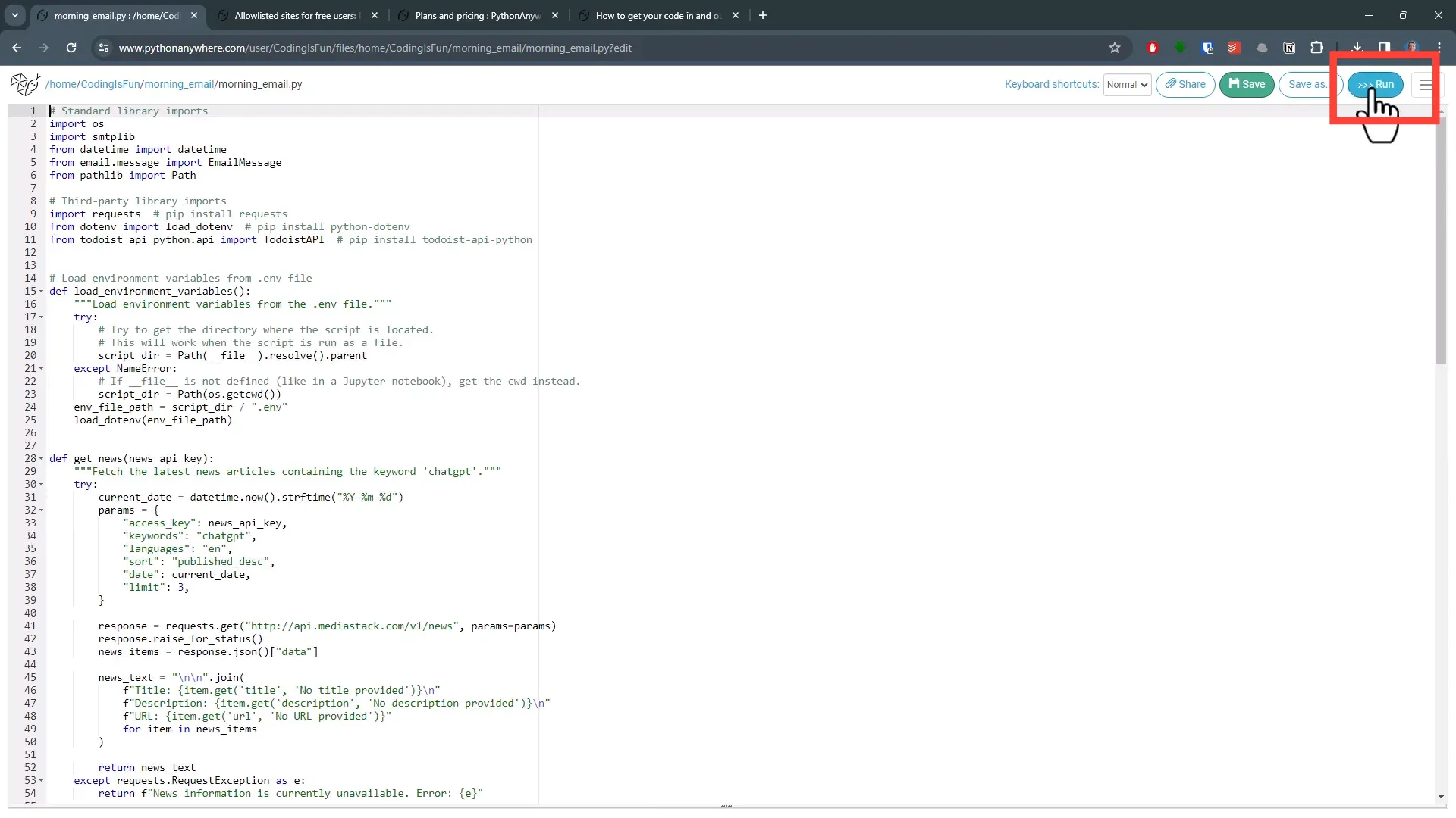 Running Python script in PythonAnywhere