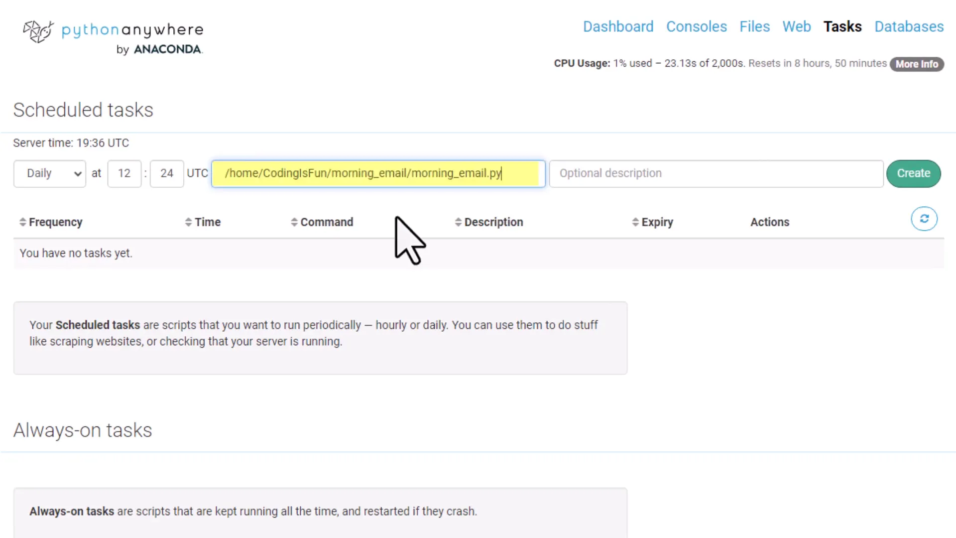 Scheduling the script on PythonAnywhere