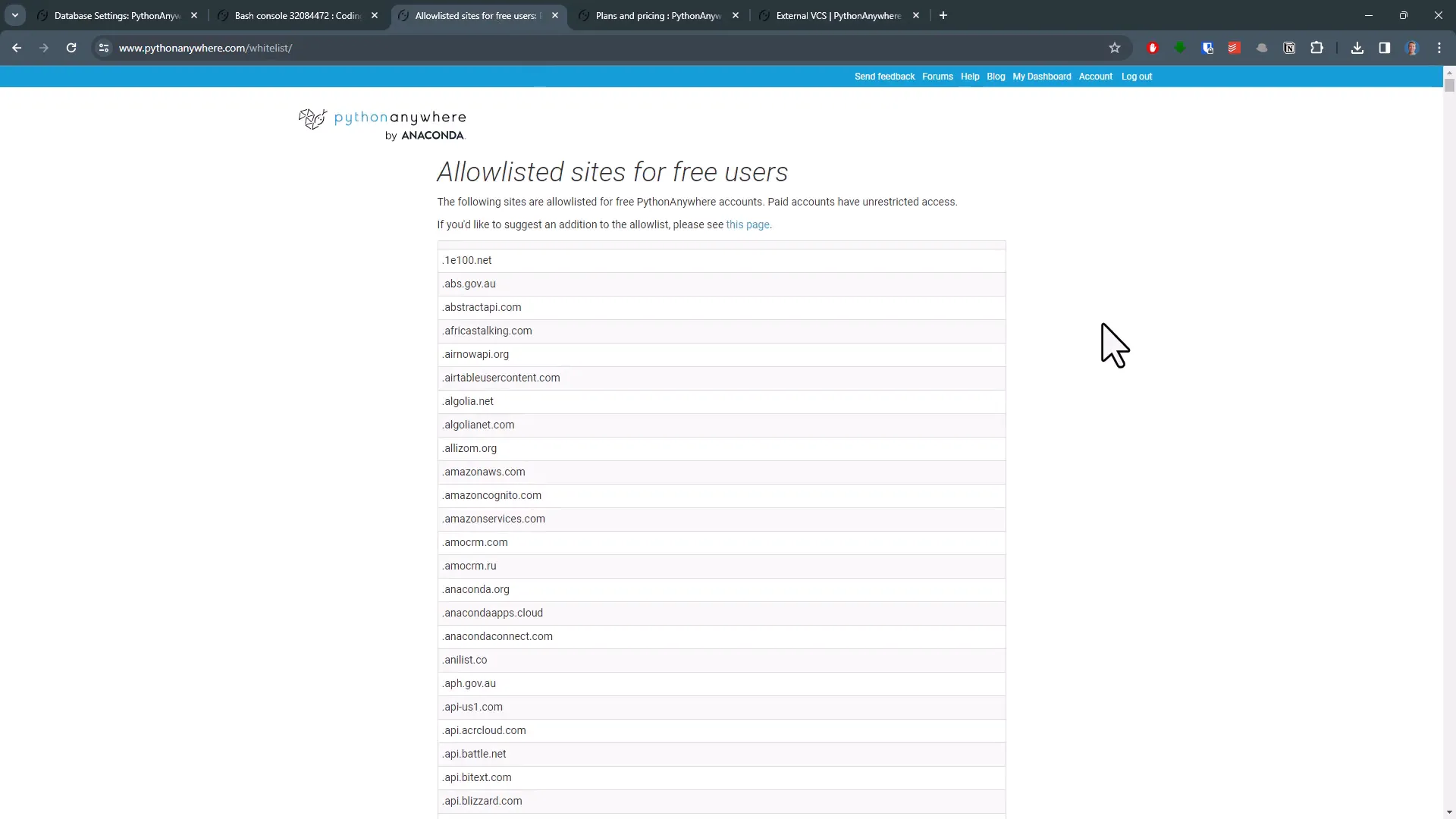 Whitelist limitations on PythonAnywhere