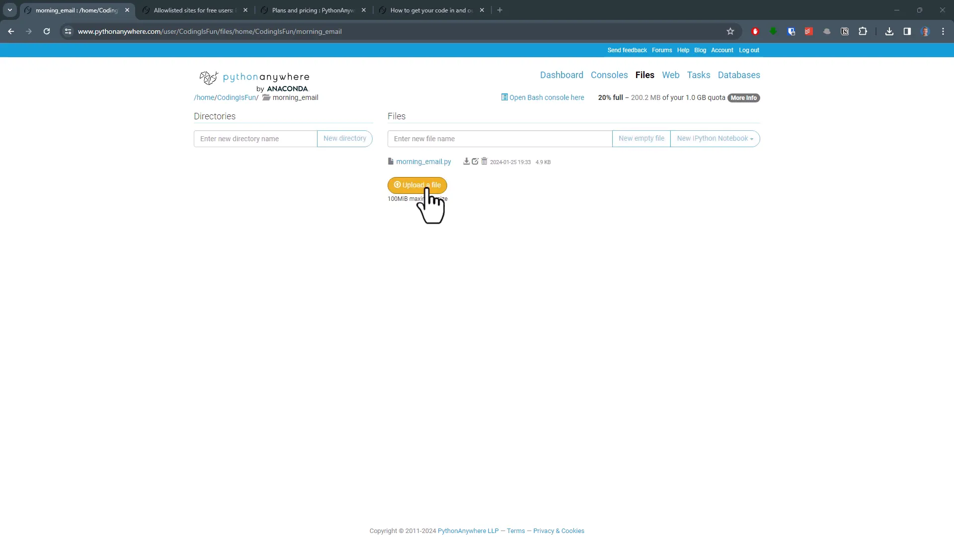 Uploading Python file to PythonAnywhere