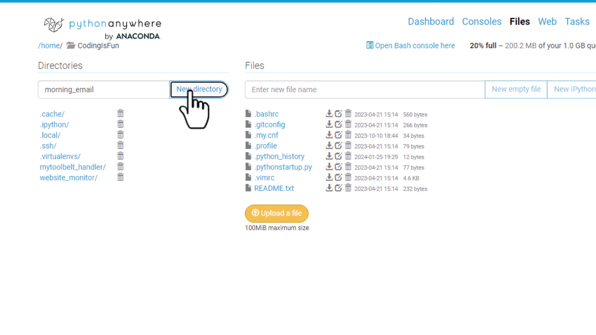 Creating a new folder in PythonAnywhere