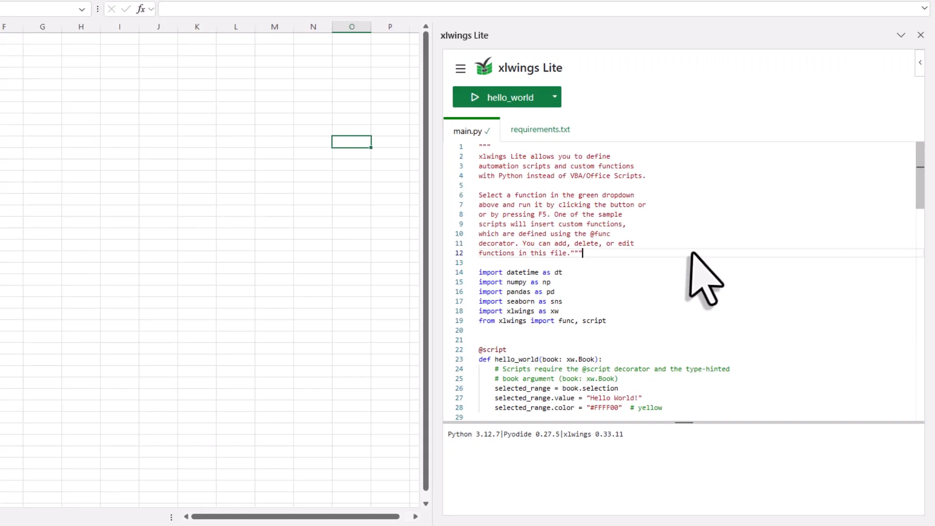 xlwings Lite interface overview