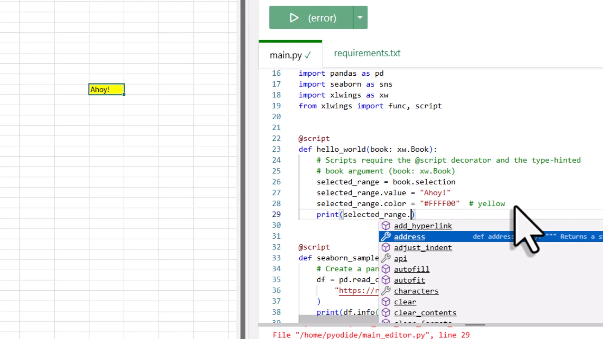 Demonstrating Intellisense feature in xlwings Lite