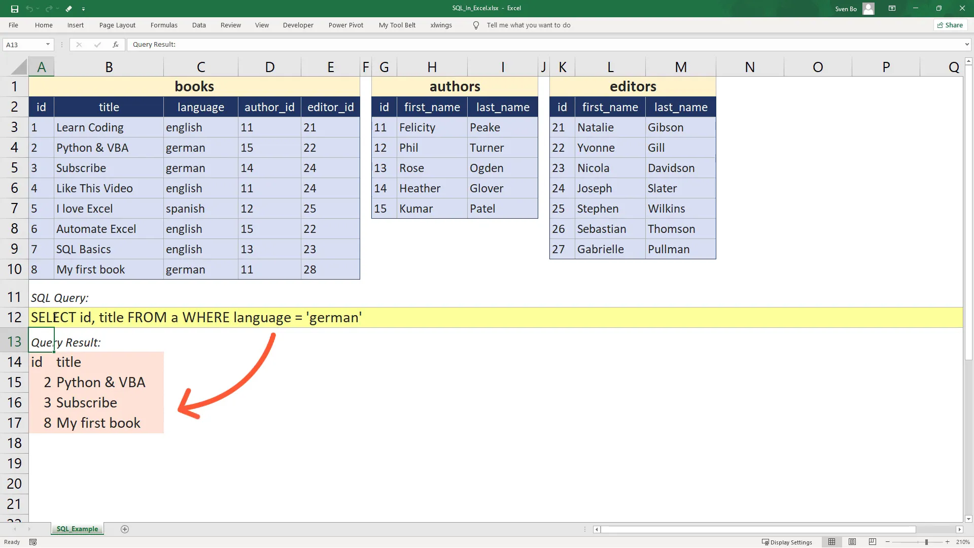 SQL query result in Excel