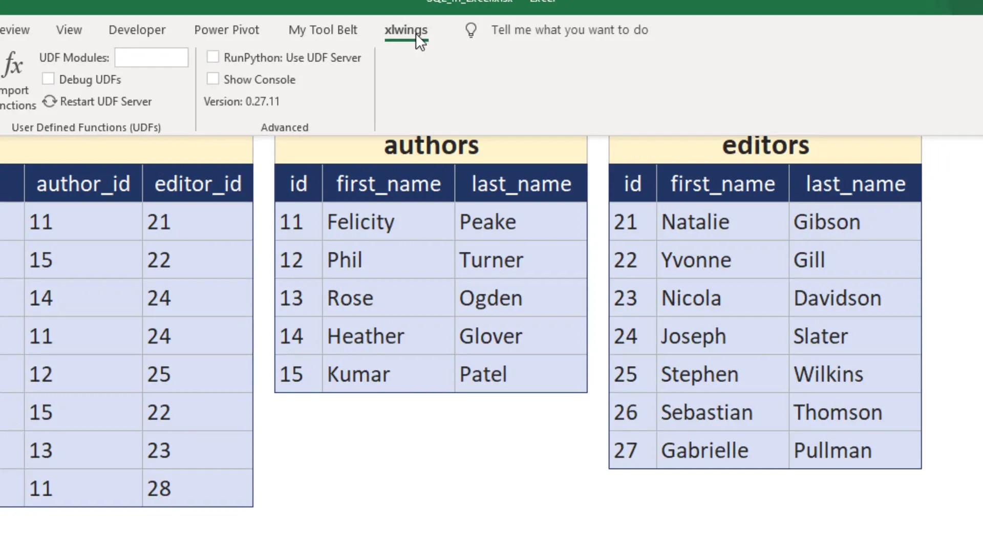Excel ribbon showing xlwings section