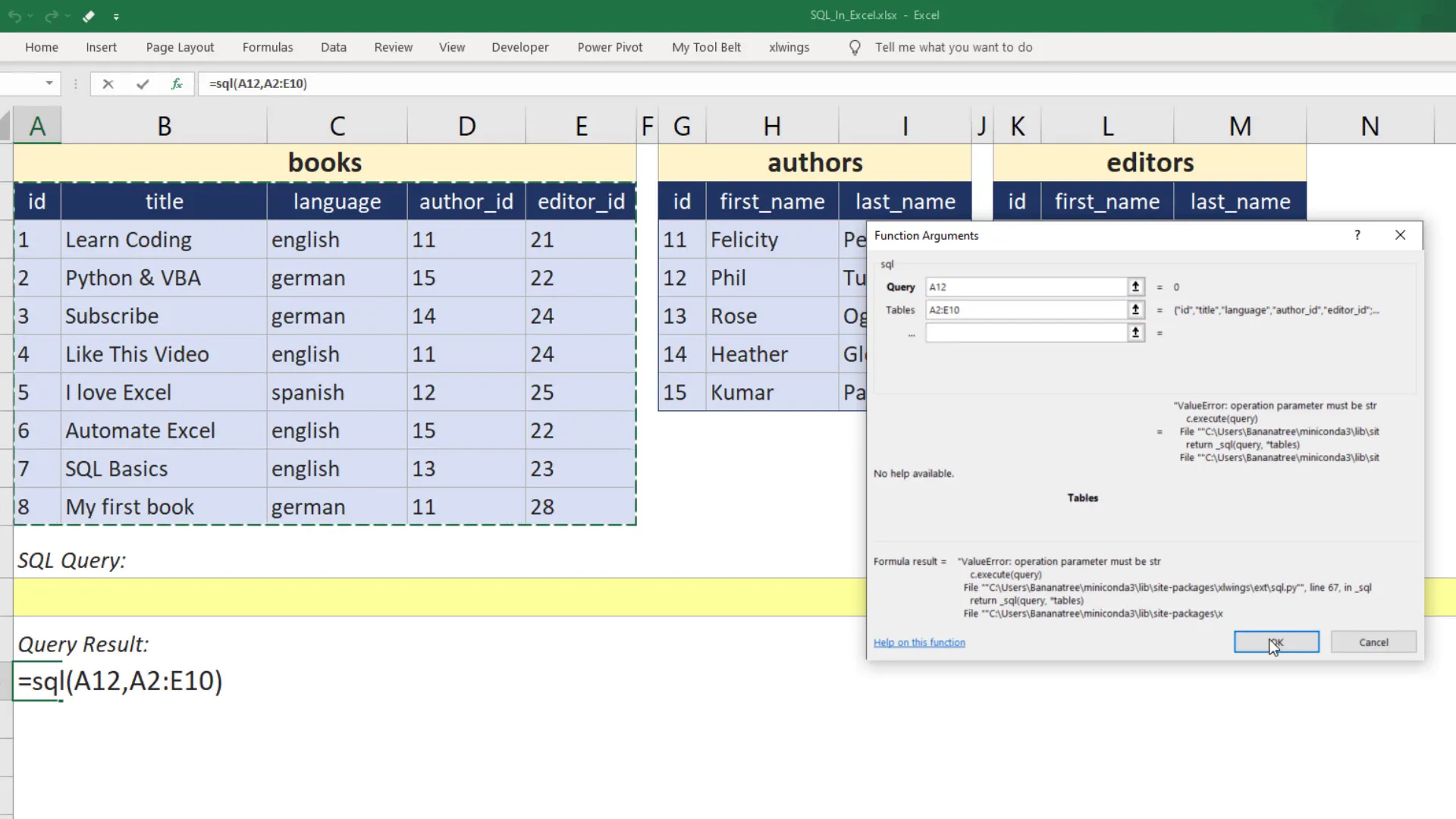 Error message in Excel