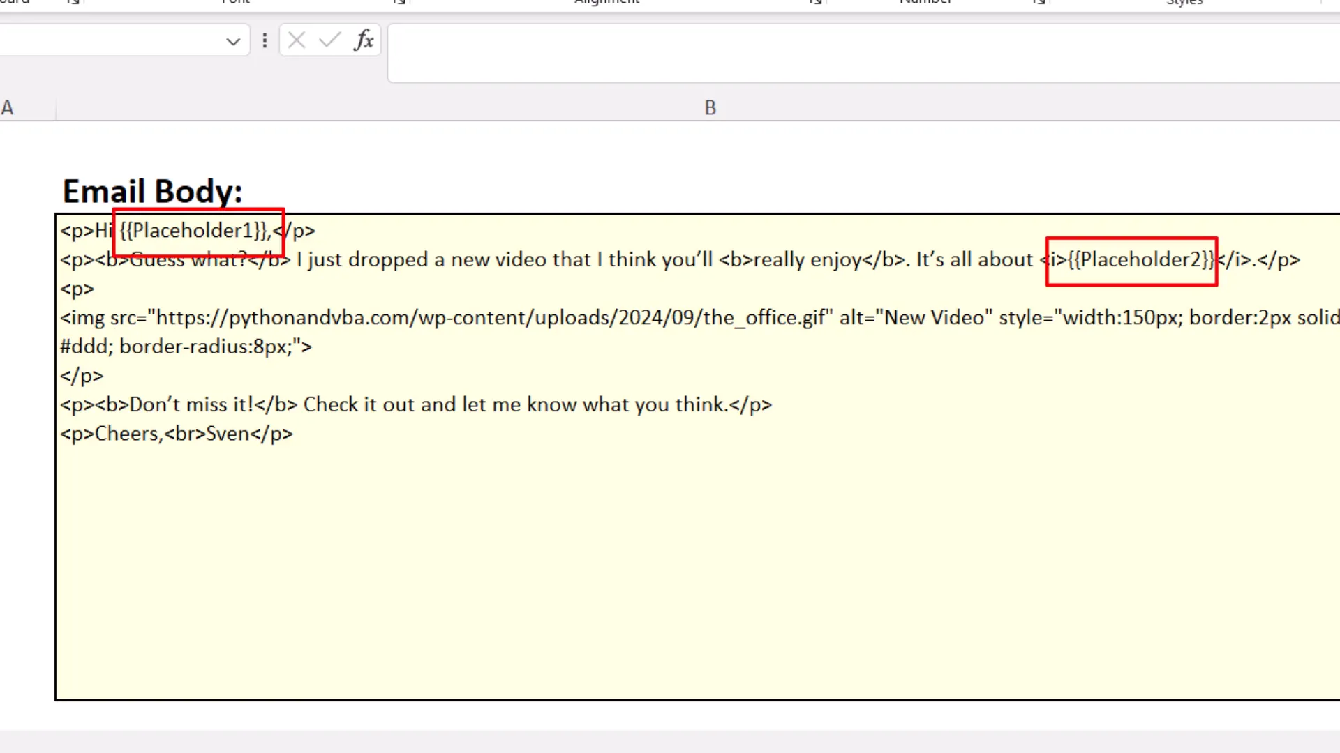 Setting up email body with placeholders