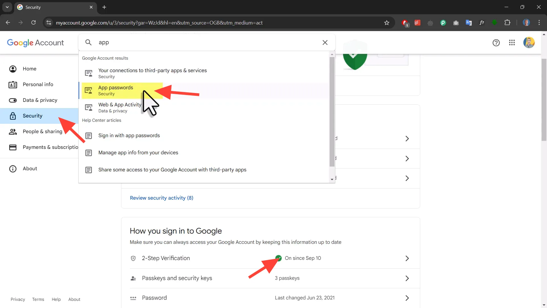 Creating an app password in Google account