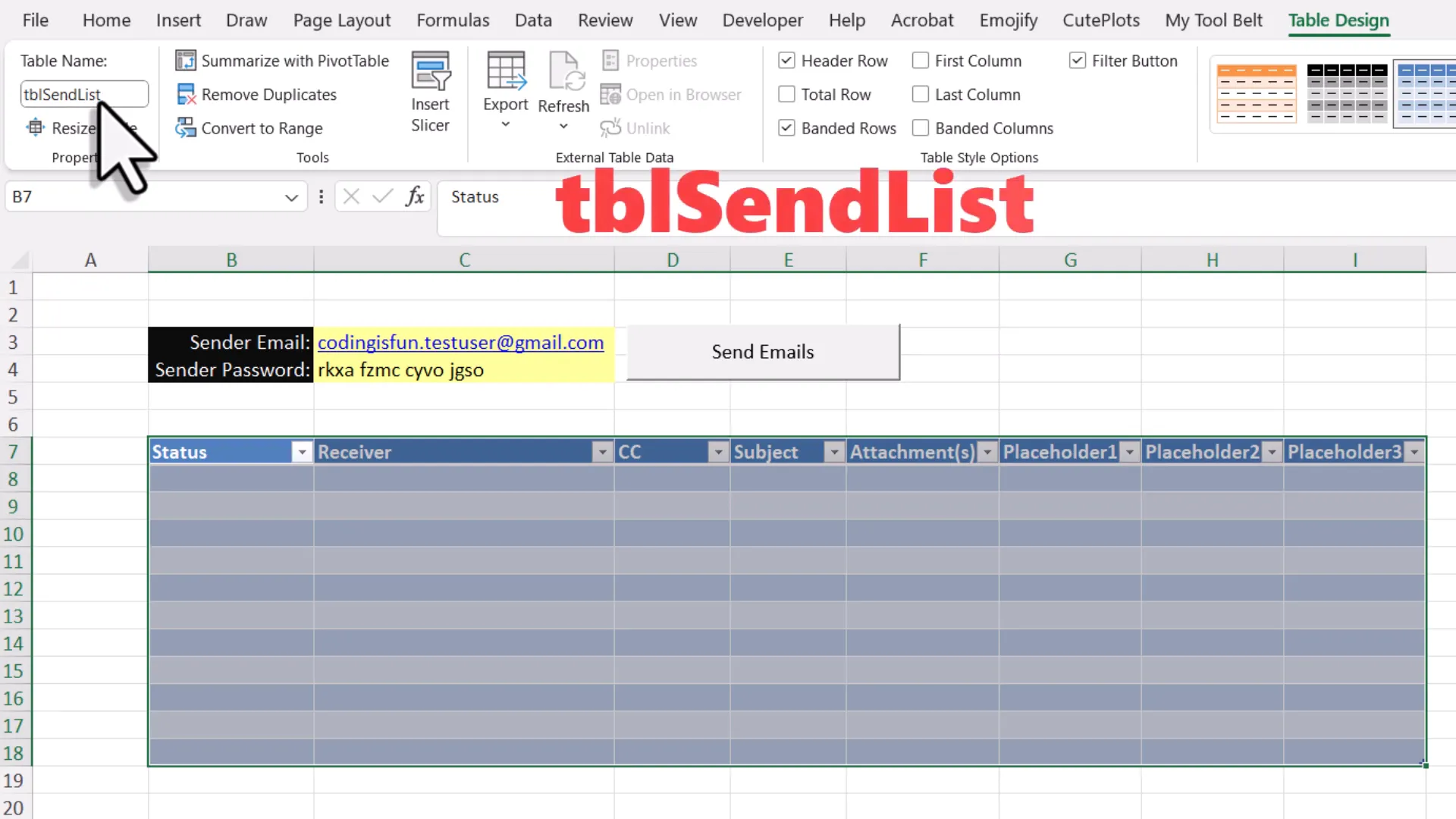 Creating a table in Excel for email details