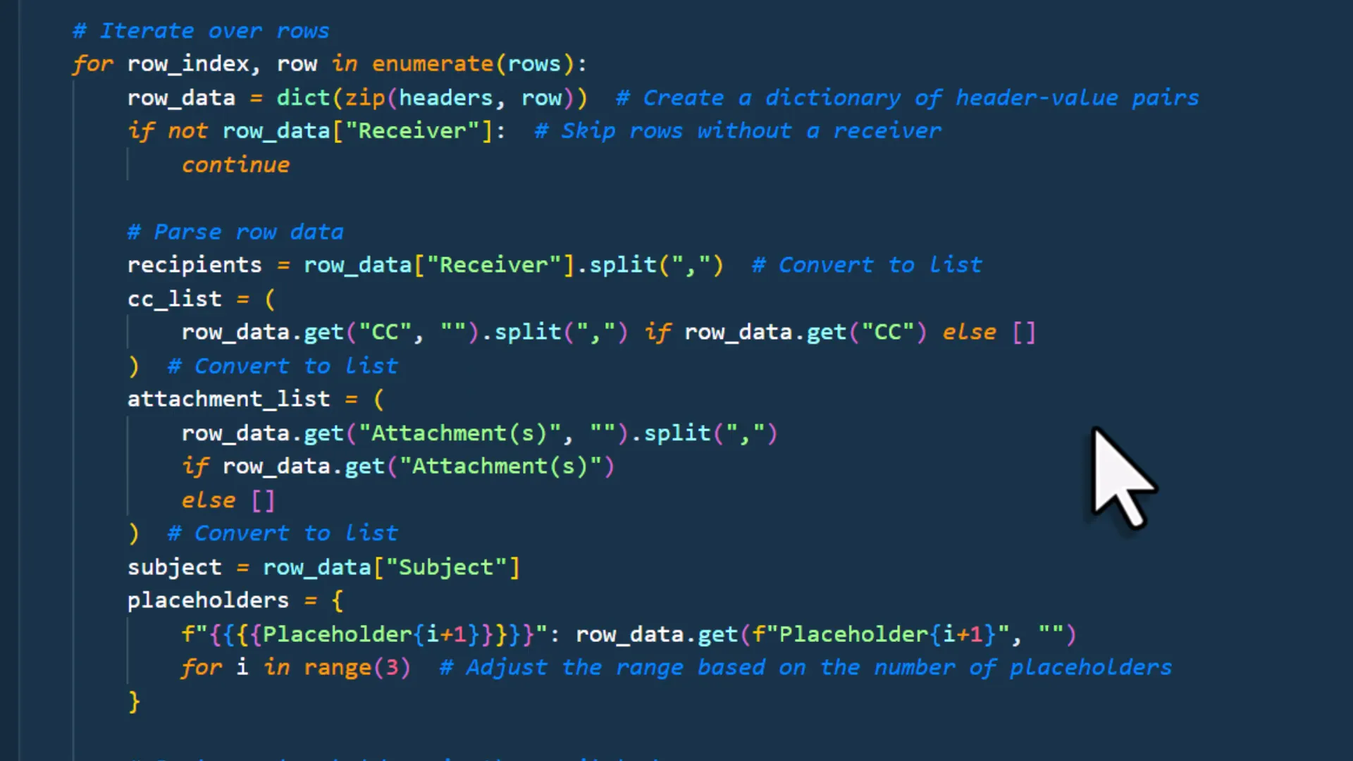 Looping through email data in Python