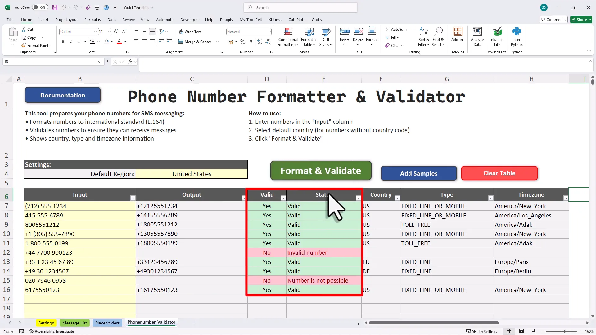 Phone number formatter and validator in Excel