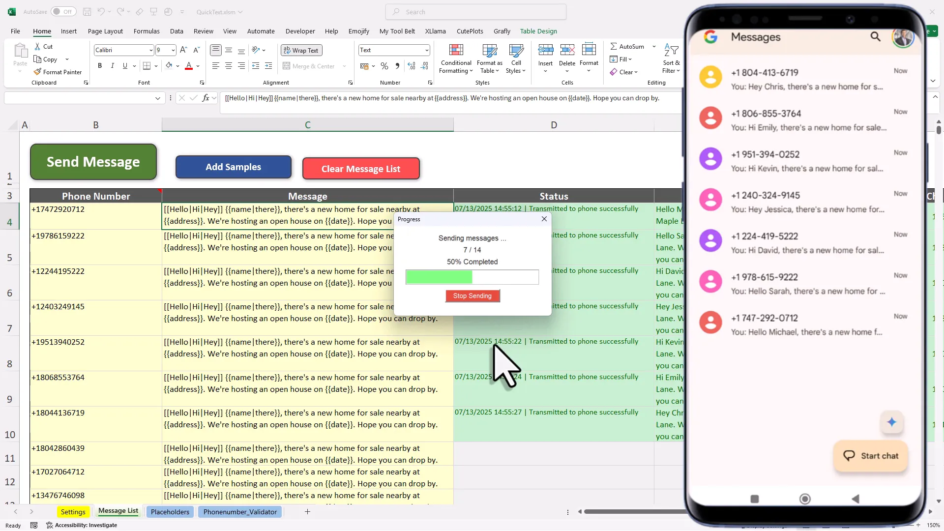 Excel showing sending progress of SMS messages