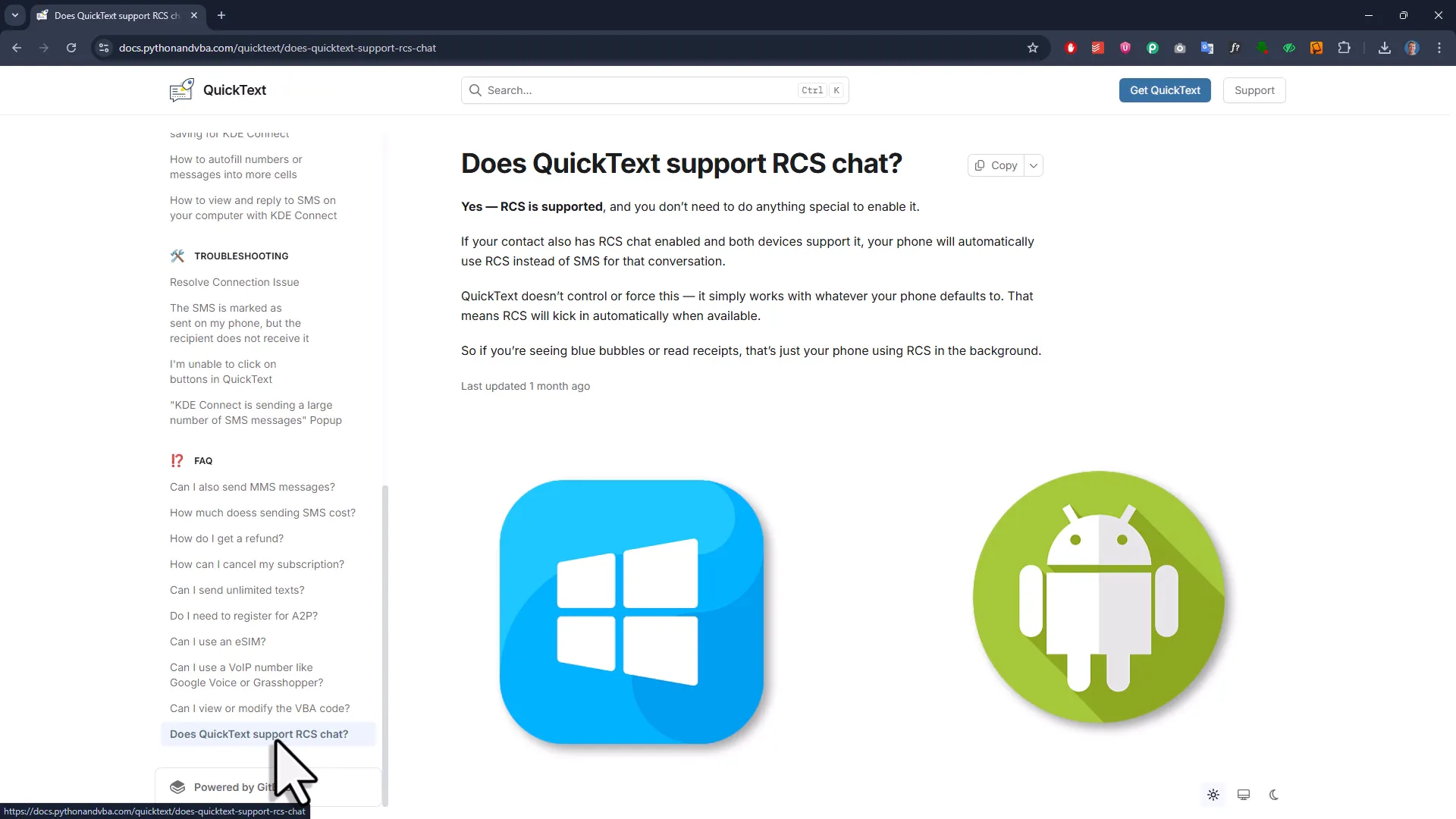 QuickText supporting eSIM and RCS messages