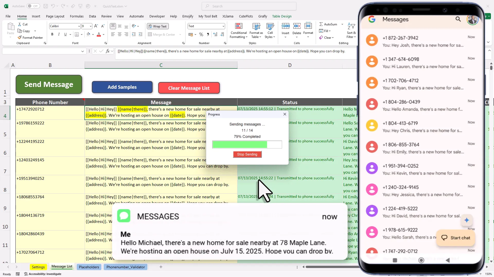 Using placeholders for personalized SMS in Excel