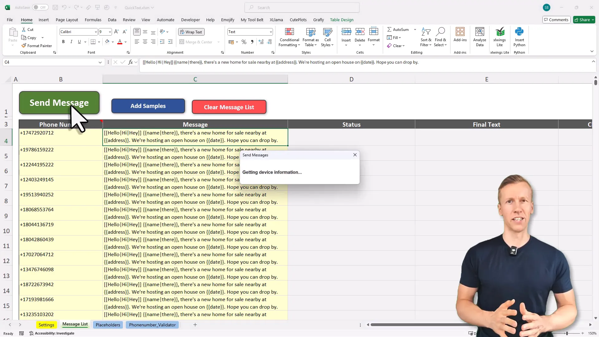 Excel sheet showing personalized SMS messages